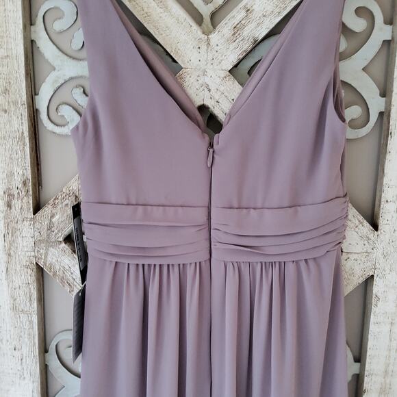 Lulu's Ruched A-Line Chiffon Maxi Dress Sleeveless in Taupe Purple - Picture 6 of 7